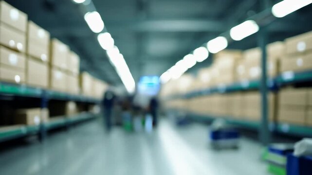 Warehouse workers moving boxes on trolleys through aisles filled with stacked cardboard boxes under bright overhead lights in a large storage facility