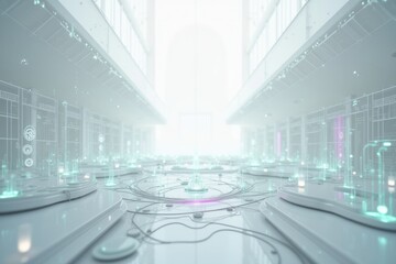 Obraz premium Futuristic Data Center with Glowing Holographic Displays and Wiring