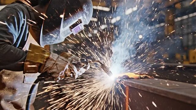 Welder in action sparks fly in industrial production