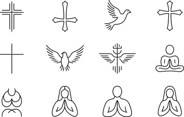 Obraz premium Collection of religious symbols and spiritual icons with religion spiritual christian meditation illustration collection tradition. Vector illustration