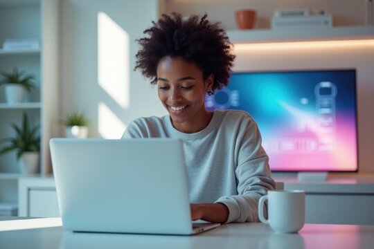 Smiling African American woman working on laptop in bright home office