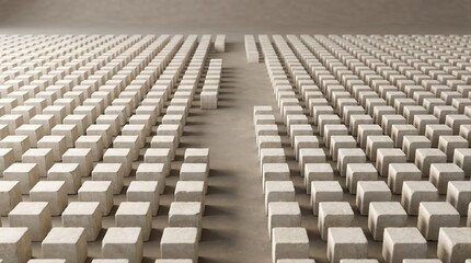 Naklejka premium Countless concrete blocks are neatly aligned in strict parallel rows split by a wide empty corridor path, unique conceptual structure background, architectural symmetric design concept.
