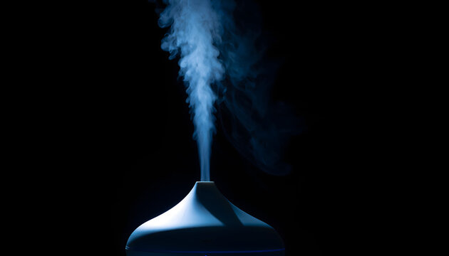Ceramic aroma diffuser operating in a pitch black room with rising mist under blue light creating a peaceful calming atmosphere generative AI