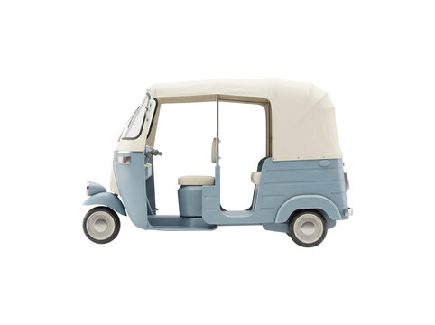Three-wheeled sightseeing motor scooter with an open body and a soft top in retro style isolated on transparent background