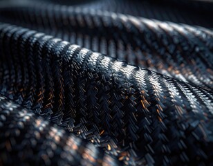 Fototapeta premium Close-up of a dark, woven material with a metallic sheen and subtle orange highlights.