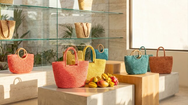 A variety of colorful woven straw bags and ripe tropical fruits are displayed on wooden blocks inside a high-end luxury resort boutique, creative retail interior design, summer vacation mood.