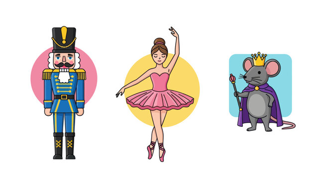 Nutcracker Ballet Characters: Soldier, Ballerina, and Mouse King Illustration