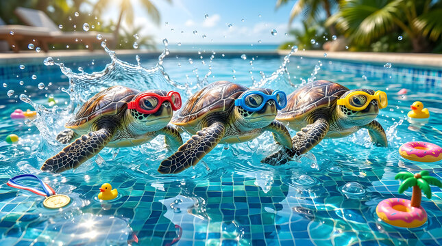 Three colorful turtles racing in clear blue swimming pool water with splashes and sunlight