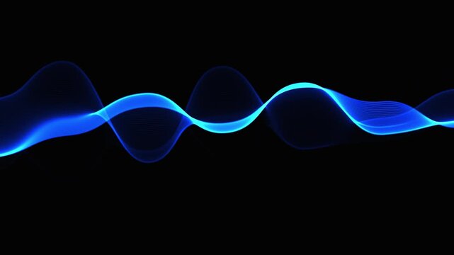 Abstract blue neon wave pulse animation flowing horizontally on a black background, sound frequency, digital music, audio visualization, or technology backdrop