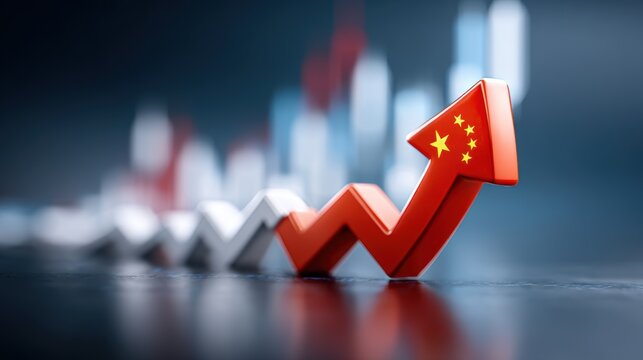 Chinese and American flags, an arrow pointing upwards with many mathematical graphs behind it. The background is made up of dollar signs, with the face of General George Washington in front of them