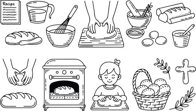 Hand drawn baking bread icon set with recipe ingredients challah and religious symbol illustrations