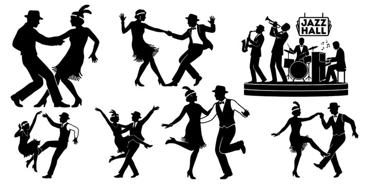 1920s jazz hall charleston dancing couple black silhouette scene set with flapper, swing dancers, jazz band, saxophone, trumpet and drums in art deco vintage style