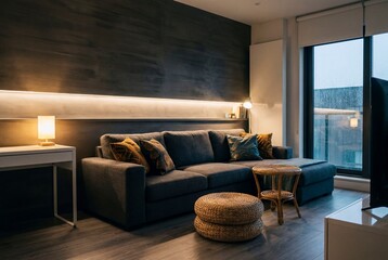 Fototapeta premium Moody Twilight Living Room with Cozy Ambient Lighting and Charcoal Wall