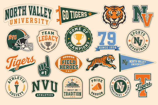 A collection of vintage college sports badges and emblems featuring tigers, football helmets, pennants, and university-themed logos in a retro style.