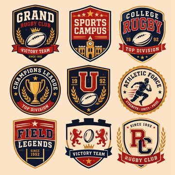 A collection of nine vintage-style sports emblems and badges, featuring rugby clubs, athletic forces, and championship leagues with heraldic designs.