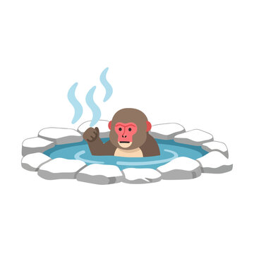 A cute monkey relaxing in a natural hot spring water pool