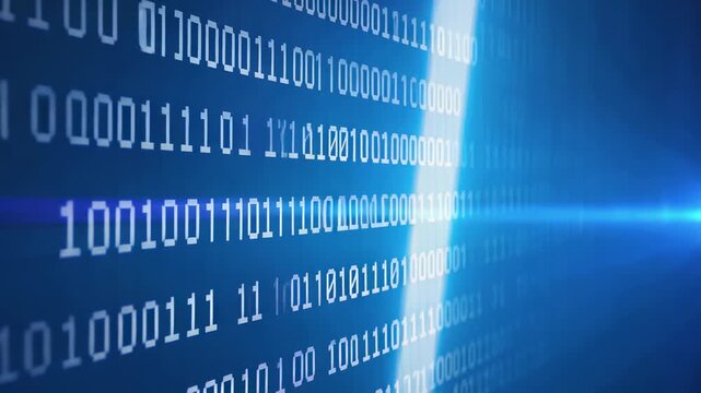 Digital binary code sequence transitions from left to right, illuminated by blue light, creating a futuristic visual effect in a technology-themed environment
