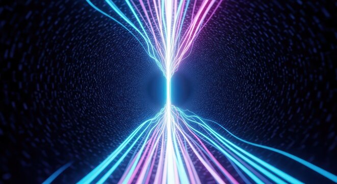 Abstract glowing stream of blue and purple energy flowing infinitely through a seamless digital tunnel suitable for motion backgrounds, stream, vj, loopable