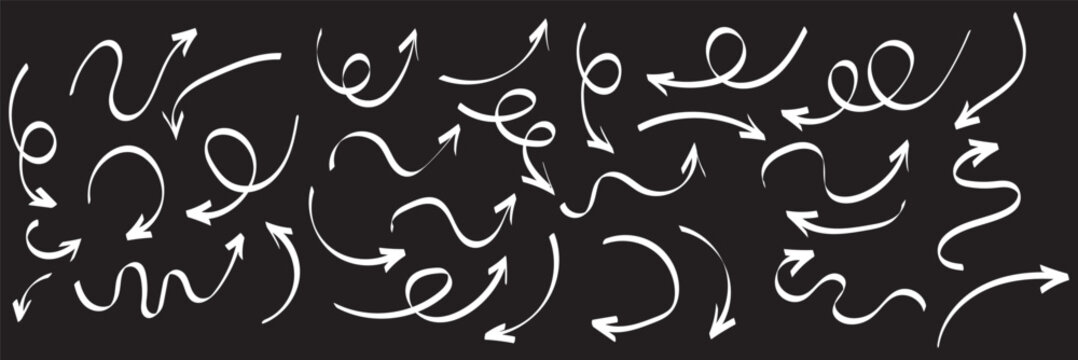 Hand drawn line arrows icons set collection. Arrow vector elements hand drawn arrows brush stroke curly arrow collection. Vector illustration isolated on white background.