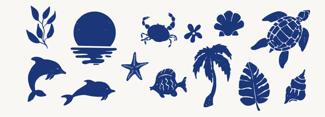 Linocut set featuring sea decoration, corals, and shells. Woodcut vintage marine silhouette print, summer nautical collection. © Alyona