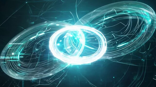 Futuristic glowing circular shapes intertwine and rotate, creating dynamic light trails and patterns against a dark background in a visually captivating digital animation