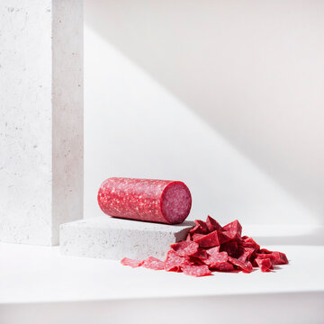A minimalist food styling composition featuring a whole salami sausage resting on a grey concrete block next to a pile of sliced ​​salami pieces against a white background.