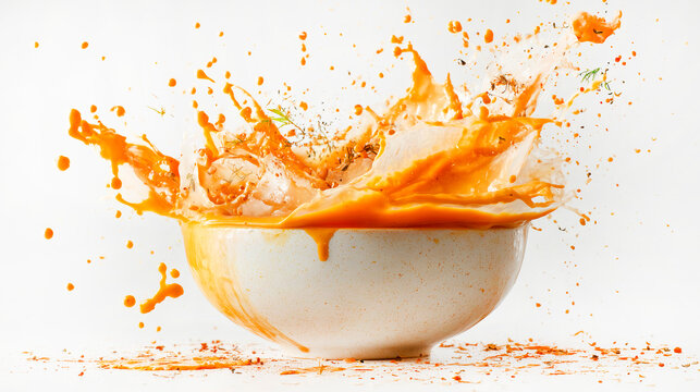 Explosive splash of hot orange soup or sauce from white ceramic bowl with flying spices, herbs and drops of liquid on white background.