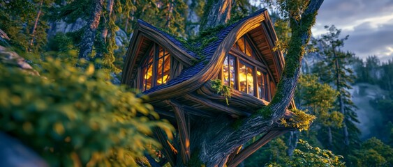 Fototapeta premium Enchanting elven wooden tree house nestled among trees, glowing with warm light from its windows, creating a magical fantasy retreat filled with wonder and tranquility.