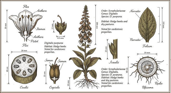 Vintage foxglove botanical illustration vector diagram featuring Digitalis purpurea anatomy and scientific text labels for educational textbook and medical branding layouts