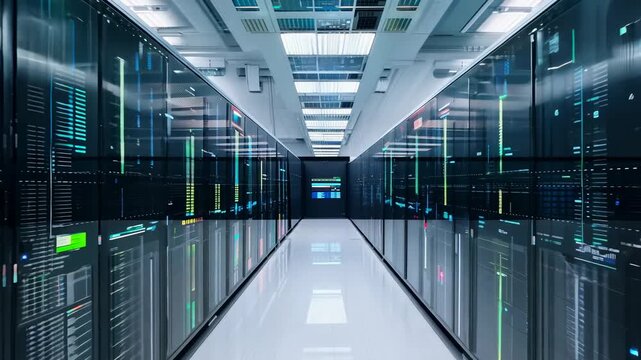 Modern data center corridor with rows of server racks illuminated by colorful LED lights, showcasing a high-tech environment and sleek design elements