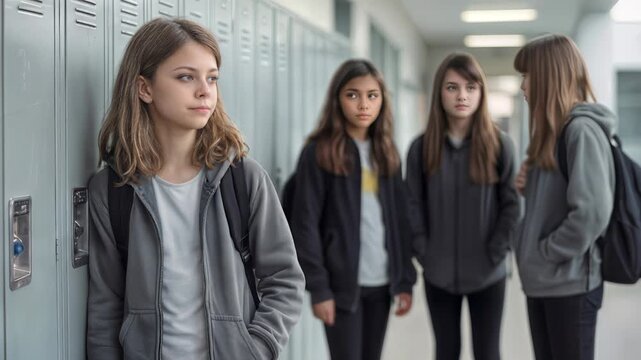 Sad preteen girl leaning against school lockers while classmates watch from distance. Social exclusion and loneliness concept in educational setting. Lockdown shot.