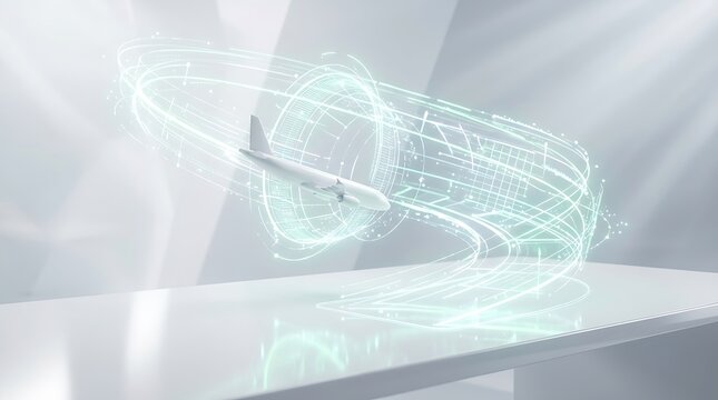 Abstract conceptual graphic of white airplane model approaching desk with a 3D hologram of landing trajectory tunnel.