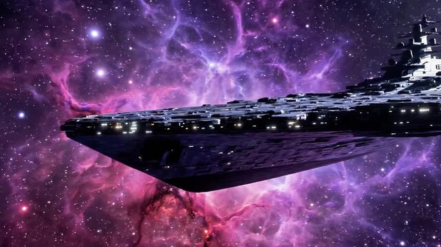A sleek spaceship soars through vibrant purple and pink nebula in deep space