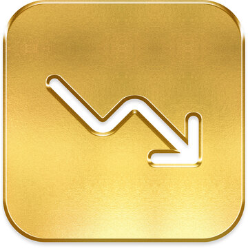 Trending down gold metallic square icon arrow decrease shiny
