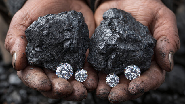 Rough carbon and polished gemstones held in dirty hands, origin concept