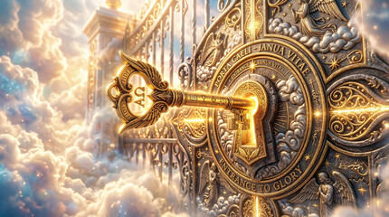 Obraz premium Ornate golden key in the lock of the celestial Gate of Heaven.