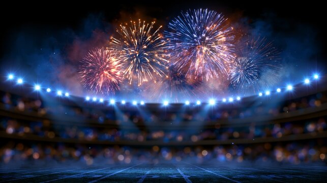 Fireworks bursting above an empty football stadium, creating a dramatic celebration scene with vibrant lights, sports excitement, and a festive atmosphere under the night sky.