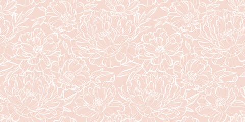Pink and white elegant floral print seamless pattern background, botanical peony illustration hand drawn vintage flower wallpaper © Kati Moth