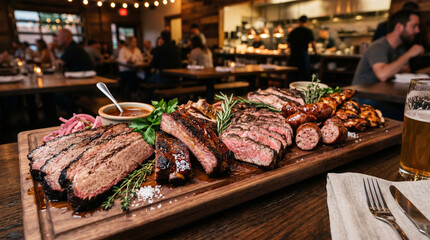 Obraz premium Barbecue Meat Platter with Brisket, Ribs, roasted beef Steak, Sausage and Beer in Restaurant