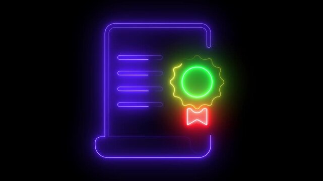 Glowing neon certificate animation with seal of approval for education and business success diploma
