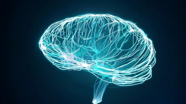 Digital representation of a human brain with glowing neural connections, showcasing intricate details and vibrant light patterns against a dark background