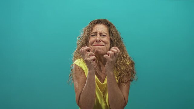 Woman with clenched hands and closed eyes making pleading gesture against teal studio backdrop; anxiety pleading.