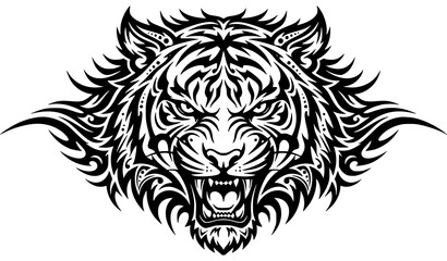 Roaring tiger head aggressive mascot, wild cat face tattoo art. © Songkari