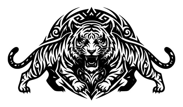 Crouching tiger attacking pose vector sketch, fierce wild cat illustration.