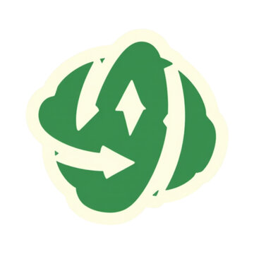 Green recycling arrows globe sticker icon in flat style with cream border on white background