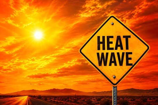 Heat wave warning sign against sunset sky