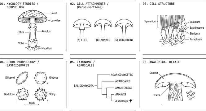 Minimalist mushroom morphology vector diagram set featuring mycology studies gill structures spore classification and taxonomy charts for biology textbook publishing