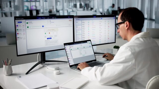 Healthcare Billing Manager Reviews Patient Claims On Laptop