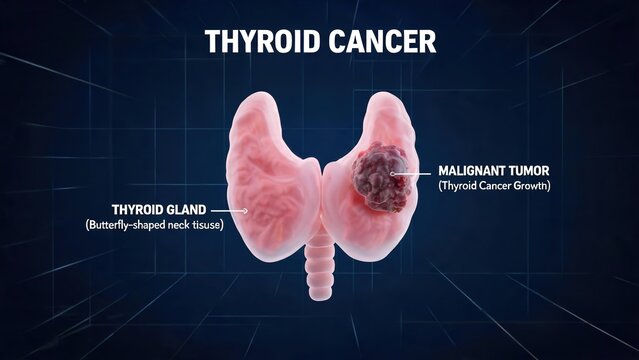 Thyroid Cancer 3D Medical Illustration, Labeled Thyroid Gland with Normal Tissue and Cancerous Nodules, Endocrine Oncology Diagram