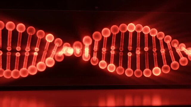 Abstract Red DNA Helix Structure Glowing with Light Rays.